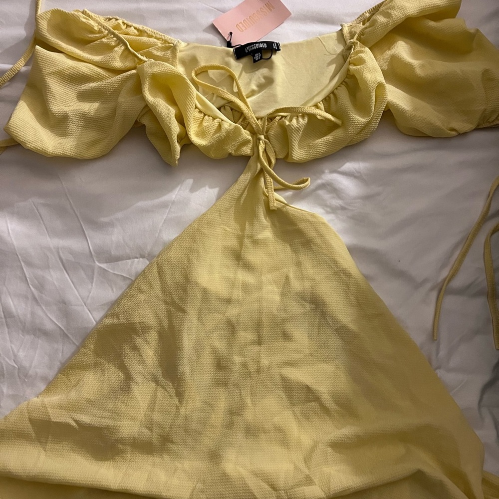 Missguided yellow mesh cut out milk maid dress